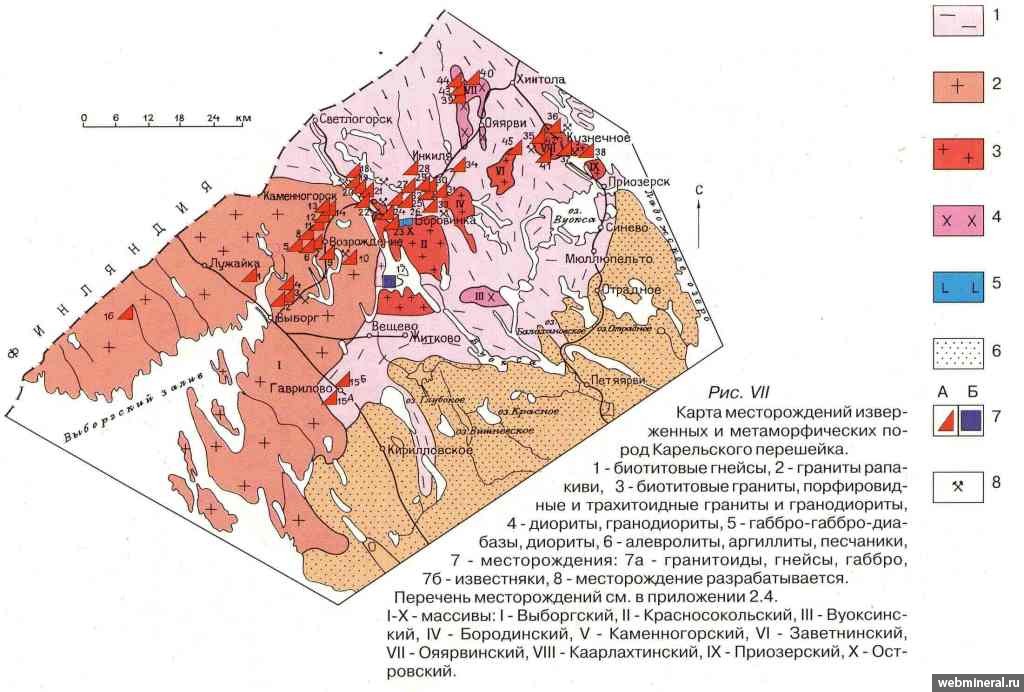 Геологическая карта Карельского перешейка. Минералы и месторождения. webmineral.ru