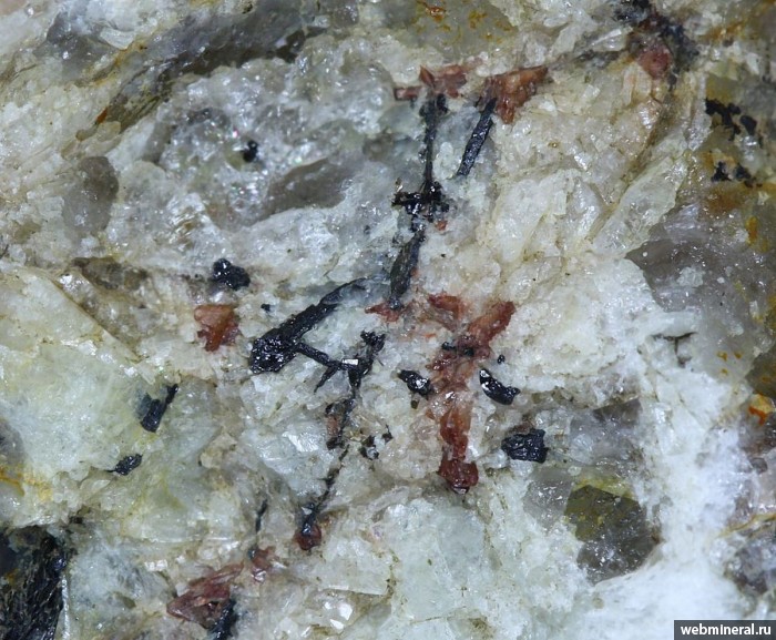 Фотография минерала Гельвин, Колумбит-(Fe), Амазонит. Копь № 83 (Лобачевская).
