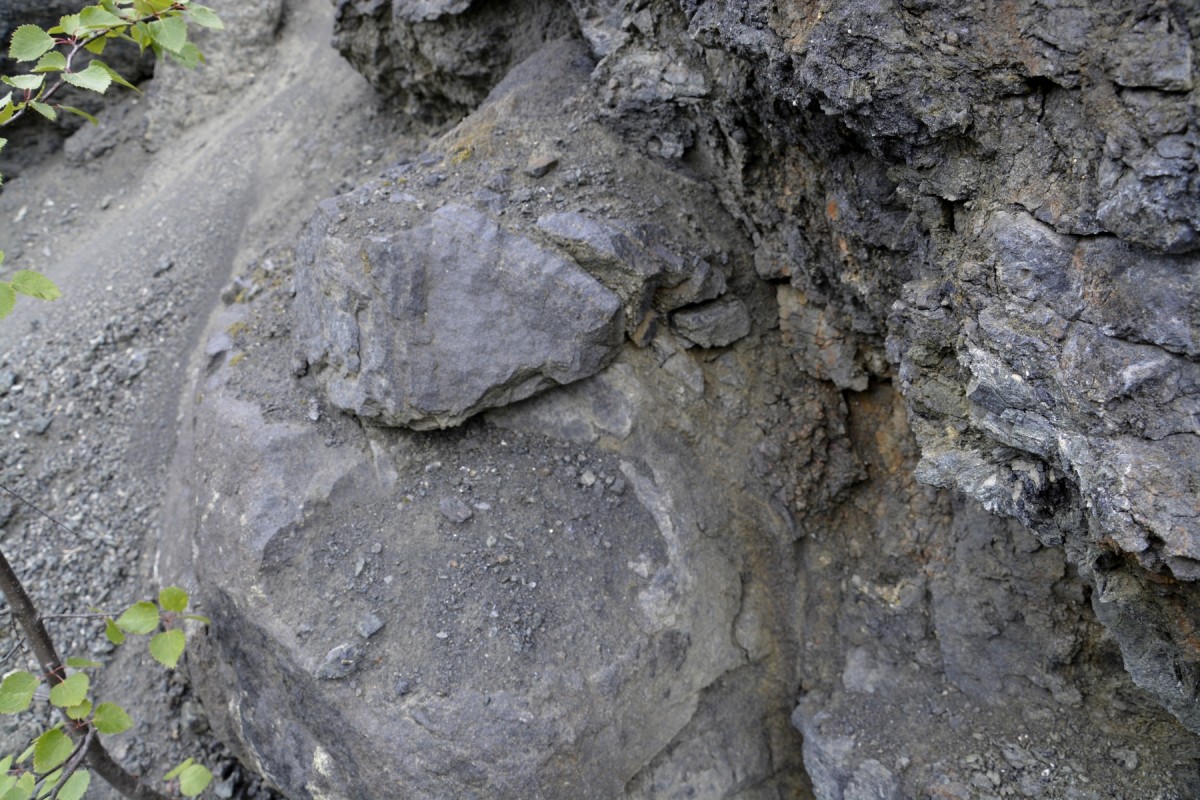 Выход титан-магнетитовой руды.. Фотография месторождения. Африканда массив, Мурманская область (Кольский регион), Россия.